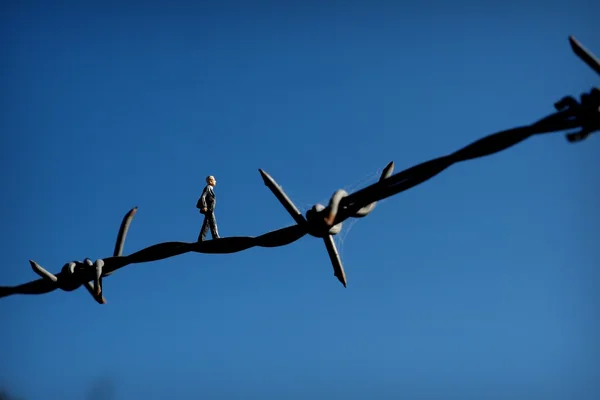 Homem de negócios andando sobre o arame farpado — Fotografia de Stock