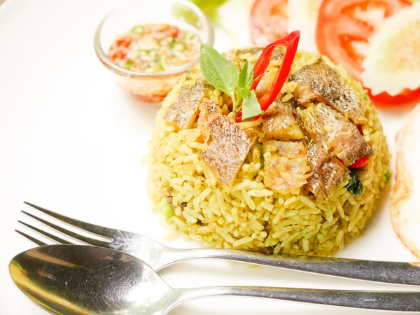 Stegt ris med fisk Thai mad - Stock-foto