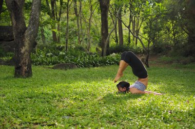Genç kadının yoga egzersizleri Bahçe park yapması