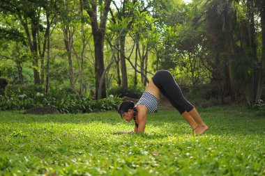 Genç kadının yoga egzersizleri Bahçe park yapması