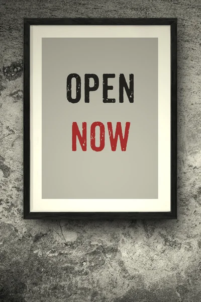 OPEN NOW quote on the photo frame concreate background — Stock Photo, Image