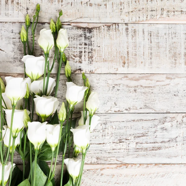 Fondo de madera con ramo de flores blancas — Foto de Stock