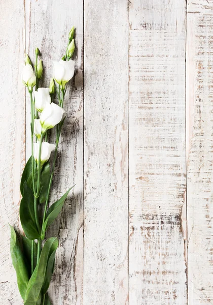 Ξύλινο υπόβαθρο με μπουκέτο λευκά λουλούδια — Φωτογραφία Αρχείου