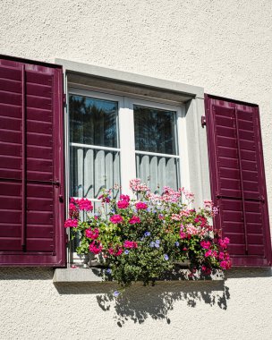 Kırsal pencere, kırmızı panjurlar ve saksılar, İsviçre.