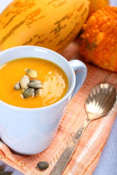 Cup of pumpkin soup with pumpkins seeds — Stock Photo, Image