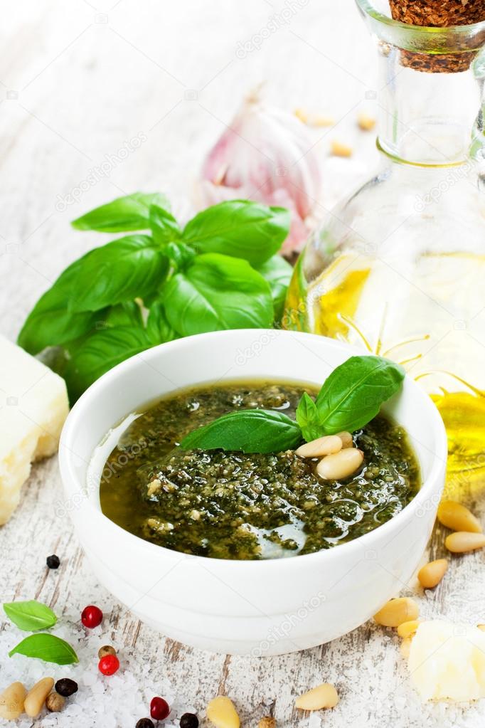 Basil pesto sauce and fresh ingredients