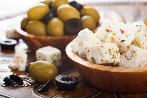 Cubed feta cheese with olives