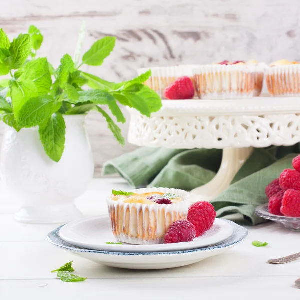 Ricotta mini cheesecake with fresh raspberries — Stock Photo, Image