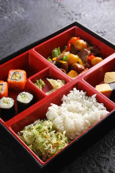 Japanese Cuisine Business Lunch Box Rolls Sushi Rice Vegetables Stew — Stock Photo, Image