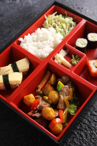 Japanese Cuisine Business Lunch Box Rolls Sushi Rice Vegetables Stew — Stock Photo, Image