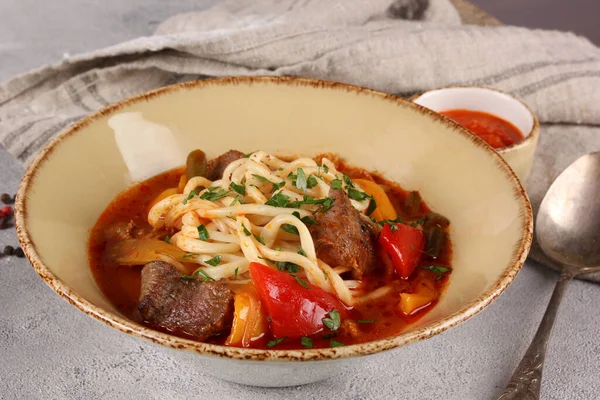 Cozinha Oriental Sopa Uzbeque Lagman Com Cordeiro Macarrão Legumes Molho — Fotografia de Stock