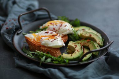 Sağlıklı kahvaltı. Kızarmış yumurta, roka, avokado, siyah bir masada gri bir tabakta baharat. Arkaplan resmi, kopyalama alanı, yatay