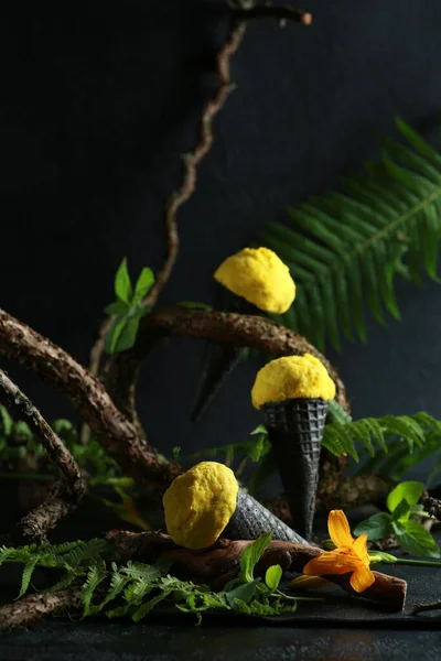 Літня Концепція Жовте Морозиво Чорних Конусах Тропіках Зелені Рослини Папороті — стокове фото