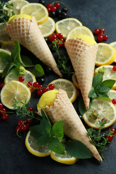 Balls Yellow Ice Cream Cones Lemon Red Black Currants Mint — Stock Photo, Image