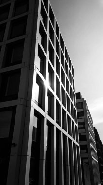 Siyah ve beyaz olarak dikey gökdelen. Tek renkli bir fotoğraf. Karanlık şehir dünyasının gelecekteki görüşü.