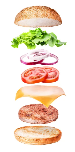Fliegende Burger-Zutaten isoliert — Stockfoto