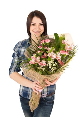 kadın bir buket çiçek gömlek kafes