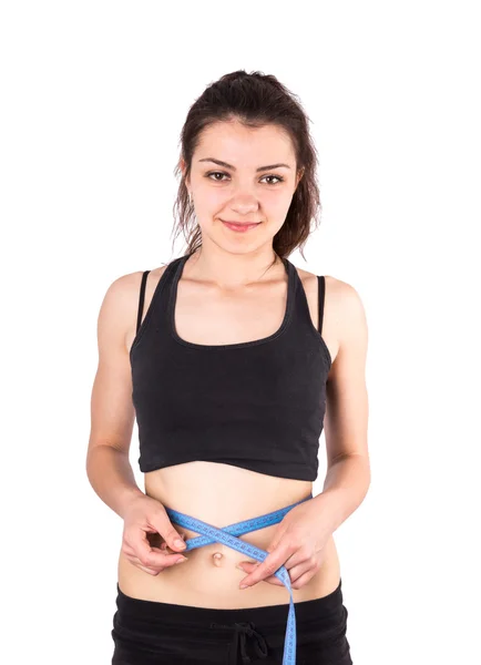Жінка талія вимірювальна стрічка спортивне харчування — стокове фото