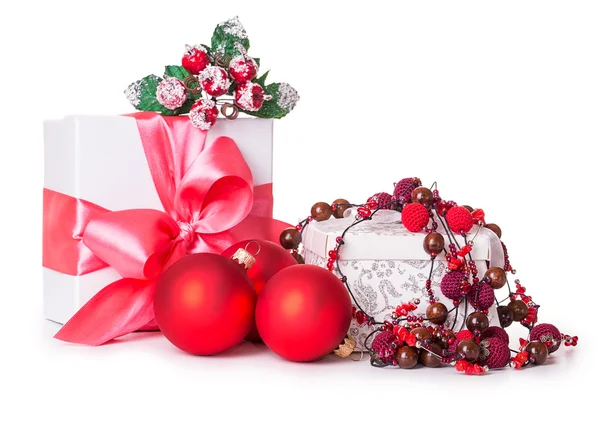 Gift box bow christmas balls — Stock Photo, Image