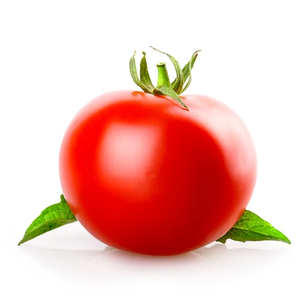 One red tomato with green leaf — Stock Photo, Image