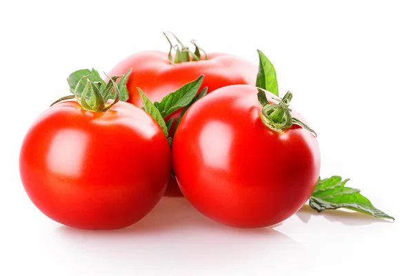 Trois tomates rouges à feuilles vertes — Photo