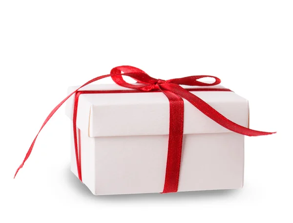 White box red ribbon bow — Stock Photo, Image