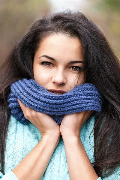 Woman portrait blue scarf — Stock Photo, Image