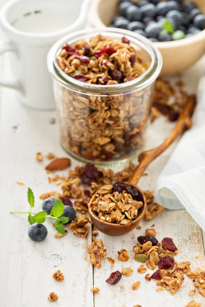 Granola fait maison avec du lait pour le petit déjeuner — Photo