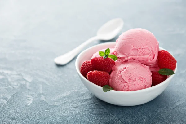 Helado de frambuesa en tazón blanco —  Fotos de Stock