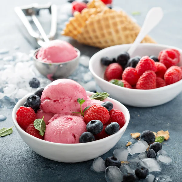 Raspberry ice cream in white bowl — Stock Photo, Image