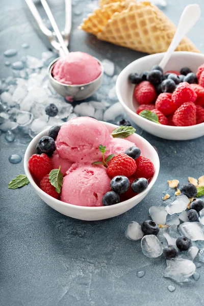 Helado de frambuesa en tazón blanco —  Fotos de Stock