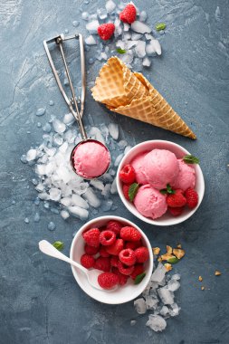 Ahududu dondurması beyaz kasede.