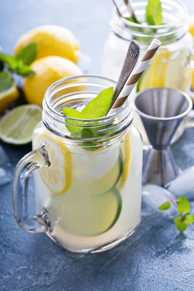 Limonada de cítricos con pinchos en frascos de albañil —  Fotos de Stock