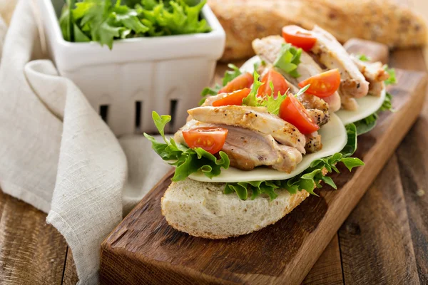 Grilled chicken sandwich with basil and tomatoes — Stock Photo, Image