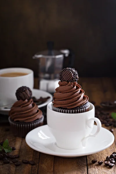 Gourmet chocolate cupcakes with a candy on top — Stock Photo, Image