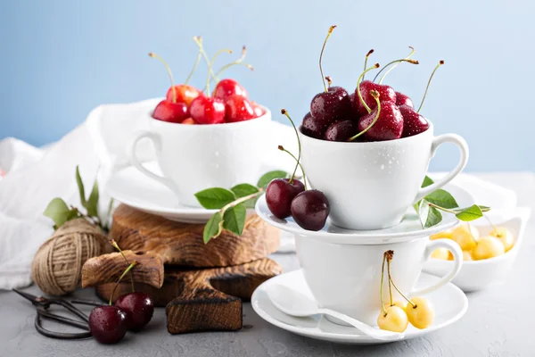 Cerezas dulces frescas en tazas — Foto de Stock