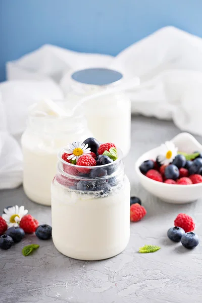 Fresh homemade yogurt in small jars — Stock Photo, Image