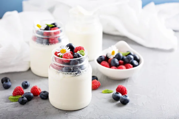 Iogurte caseiro fresco em pequenos frascos — Fotografia de Stock