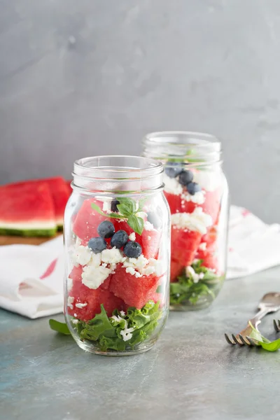 Watermelon salad in a jar with feta — Stock Photo, Image