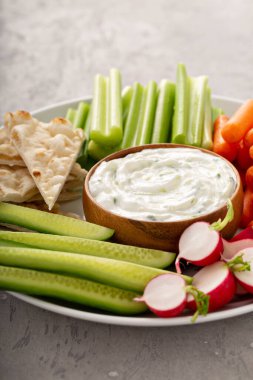 Tzatziki soslu büyük abur cubur tahtası ve taze sebzeler.