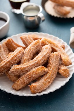 Tabakta tarçın şekerli ev yapımı churros.