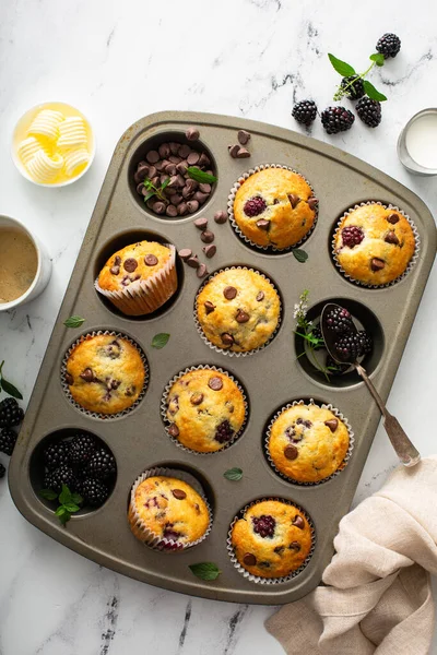 Muffins de chocolate e amora, receita de verão — Fotografia de Stock