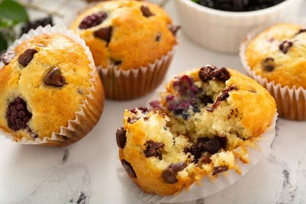 Muffin con gocce di more e cioccolato, ricetta estiva — Foto Stock