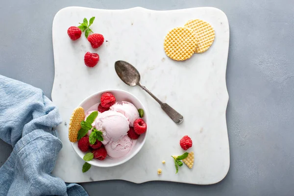 Helado de frambuesa en un tazón con bayas frescas —  Fotos de Stock