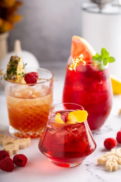 Variety of raspberry cocktails, bright and refreshing drinks