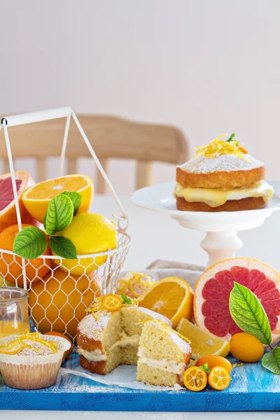 レモンカードと柑橘類のビクトリア スポンジ ケーキ — ストック写真