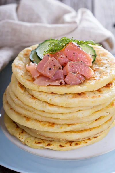 Scandinavian potato pancakes with salmon — Stock Photo, Image