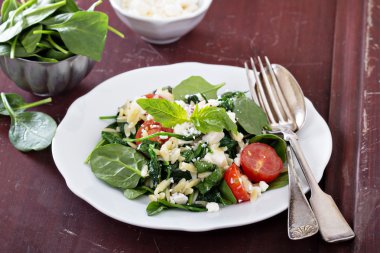 Makarna salatası orzo, ıspanak ve peynir ile