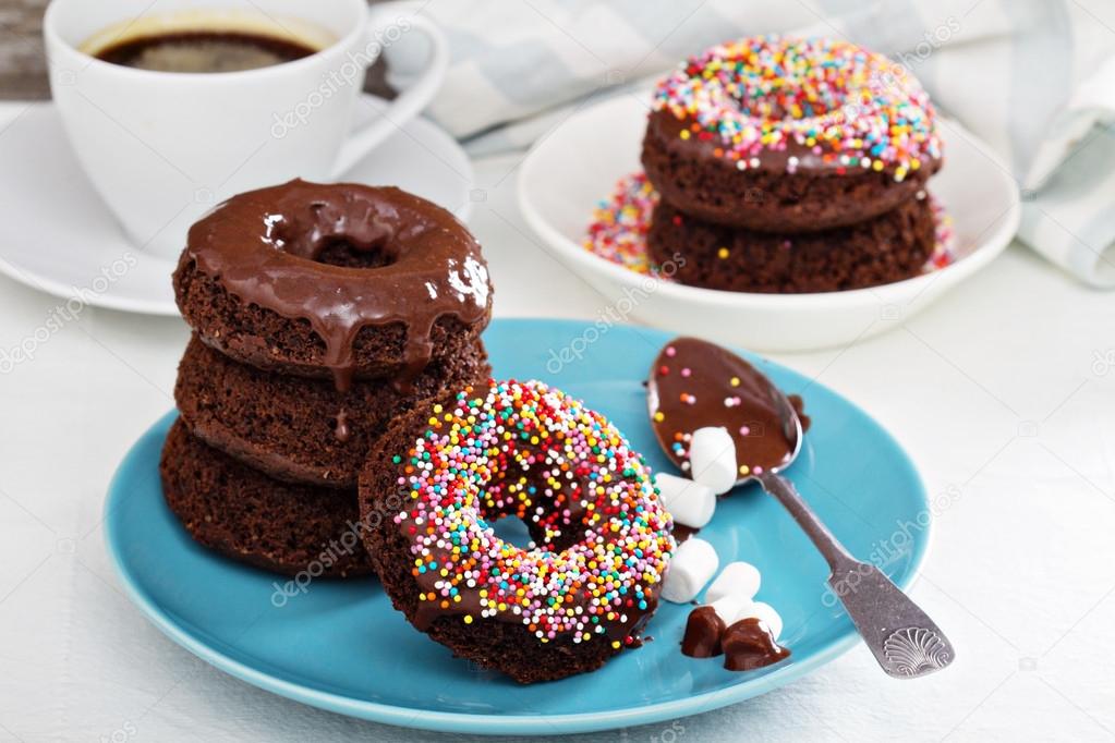 Stack of homemade baked chocolate donuts