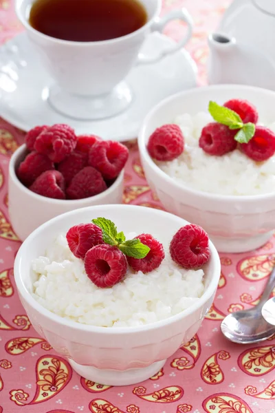 Rice pudding with raspberries — Stock Photo, Image